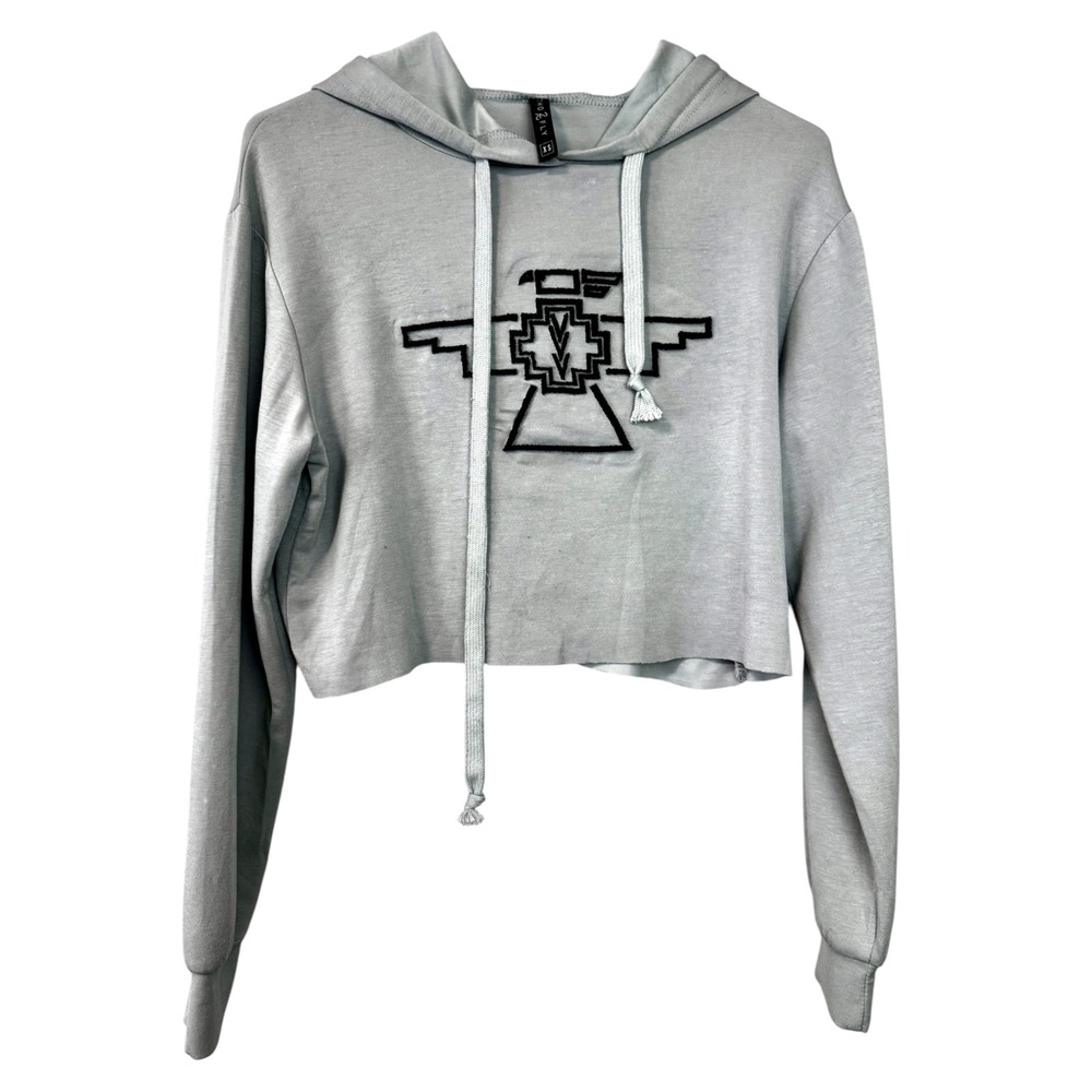 Two 2 Fly Gray Thunderbird Embroidered‎ Cropped Lightweight Hoodie Sweatshirt XS